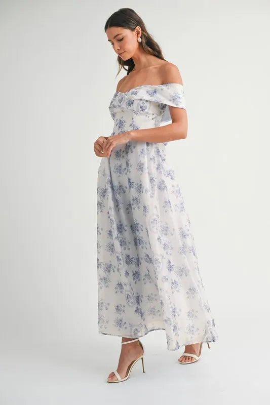 MABLE Floral Printed Off Shoulder Maxi Dress-MABLE-Blue-S-Urbanheer