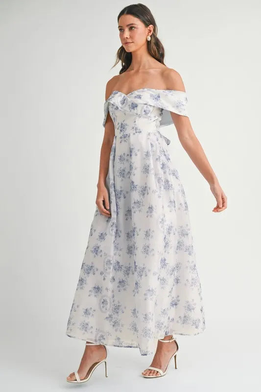 MABLE Floral Printed Off Shoulder Maxi Dress-MABLE-Blue-S-Urbanheer