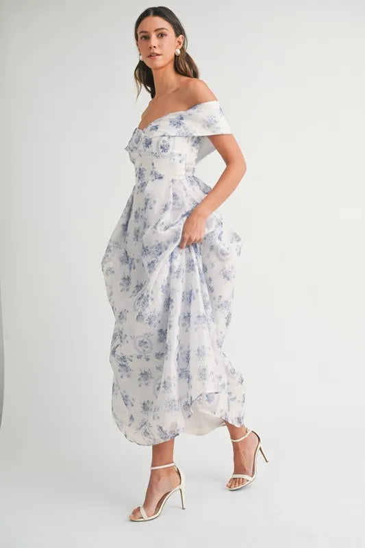 MABLE Floral Printed Off Shoulder Maxi Dress-MABLE-Blue-S-Urbanheer
