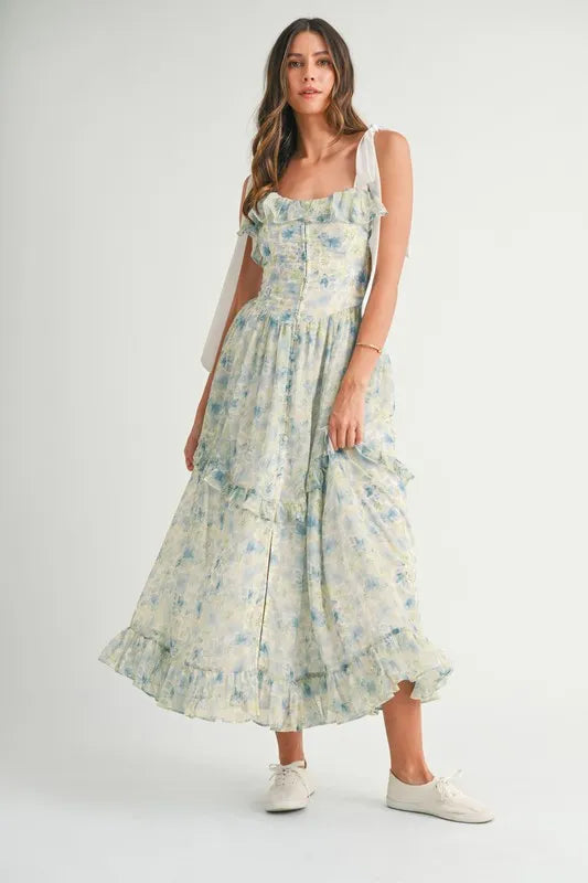 MABLE Floral Printed Shoulder Strap Midi Dress-MABLE-Blue-S-Urbanheer