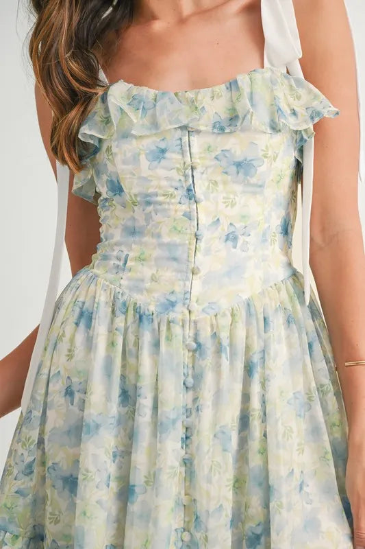 MABLE Floral Printed Shoulder Strap Midi Dress-MABLE-Blue-S-Urbanheer