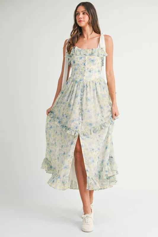 MABLE Floral Printed Shoulder Strap Midi Dress-MABLE-Blue-S-Urbanheer