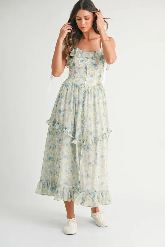 MABLE Floral Printed Shoulder Strap Midi Dress-MABLE-Blue-S-Urbanheer