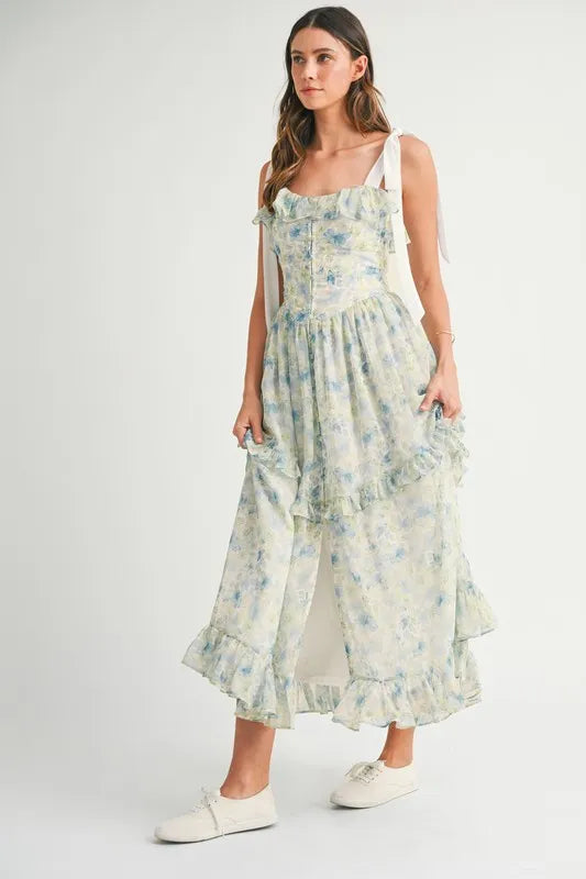 MABLE Floral Printed Shoulder Strap Midi Dress-MABLE-Blue-S-Urbanheer
