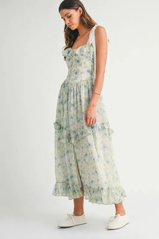MABLE Floral Printed Shoulder Strap Midi Dress-MABLE-Blue-S-Urbanheer