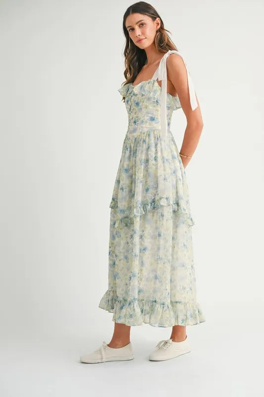 MABLE Floral Printed Shoulder Strap Midi Dress-MABLE-Blue-S-Urbanheer