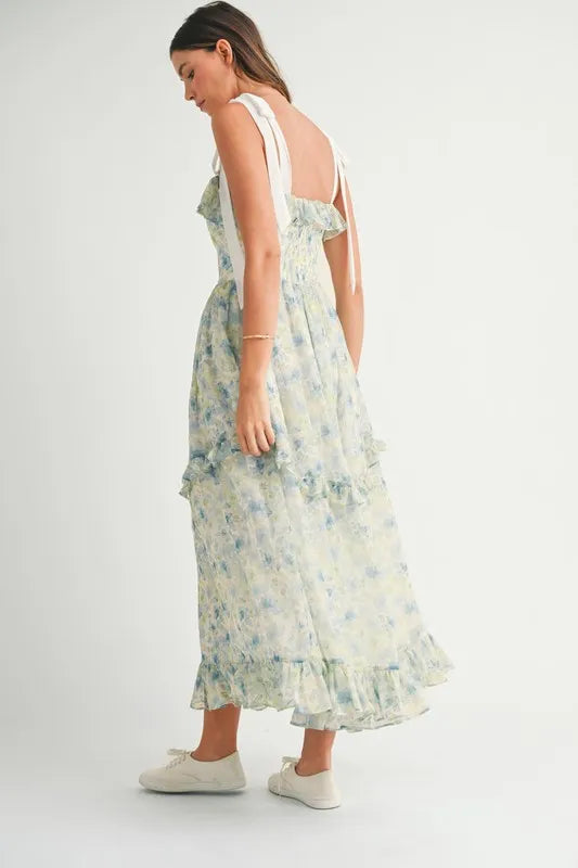 MABLE Floral Printed Shoulder Strap Midi Dress-MABLE-Blue-S-Urbanheer