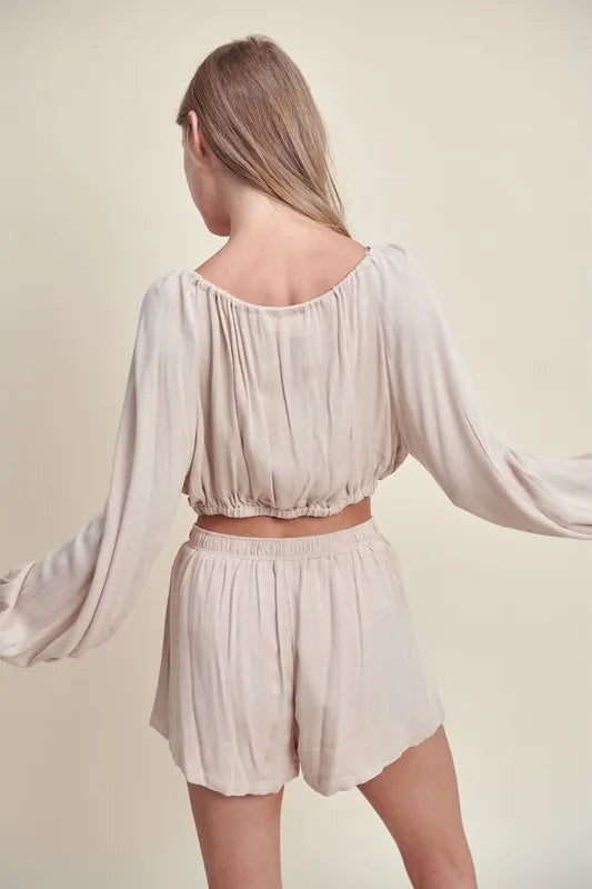 MABLE Gauze Long Sleeve Button Crop Top and Short Set-MABLE-Lt Taupe-M-Urbanheer