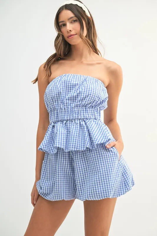 MABLE Gingham Tube Top and Shorts Set-MABLE-Blue-S-Urbanheer