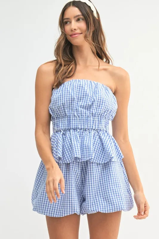 MABLE Gingham Tube Top and Shorts Set-MABLE-Blue-S-Urbanheer