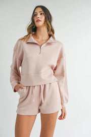 MABLE Half Zip Sweatshirt and Shorts Set-MABLE-Pink-S-Urbanheer
