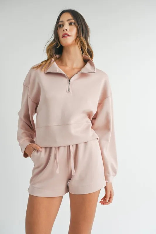 MABLE Half Zip Sweatshirt and Shorts Set-MABLE-Pink-S-Urbanheer