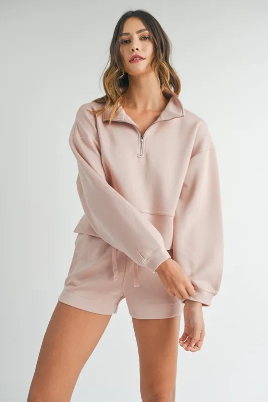MABLE Half Zip Sweatshirt and Shorts Set-MABLE-Pink-S-Urbanheer