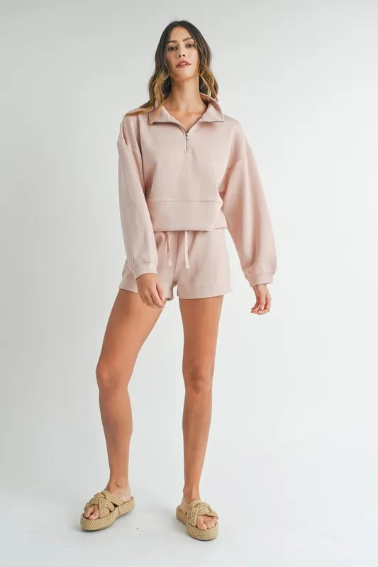 MABLE Half Zip Sweatshirt and Shorts Set-MABLE-Pink-S-Urbanheer