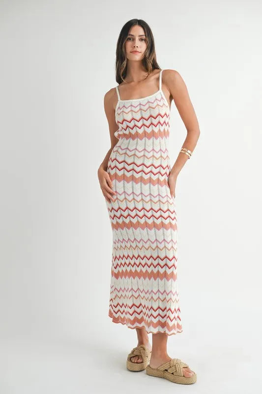 MABLE Lightweight Pointelle Chevron Knit Maxi Dress-MABLE-Salmon-S-Urbanheer
