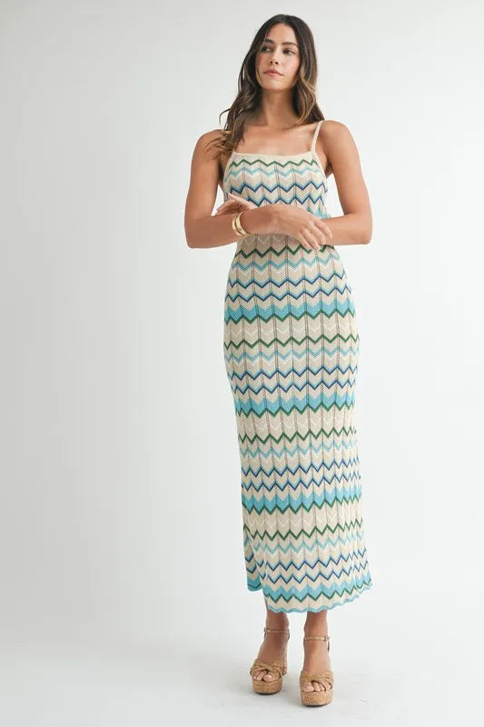 MABLE Lightweight Pointelle Chevron Knit Maxi Dress-MABLE-Aqua-S-Urbanheer