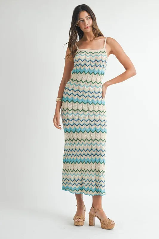 MABLE Lightweight Pointelle Chevron Knit Maxi Dress-MABLE-Aqua-S-Urbanheer