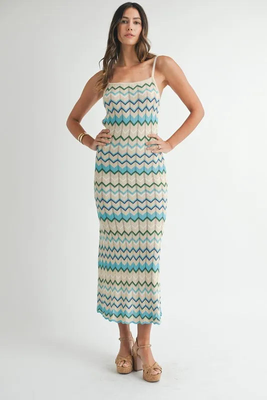 MABLE Lightweight Pointelle Chevron Knit Maxi Dress-MABLE-Aqua-S-Urbanheer