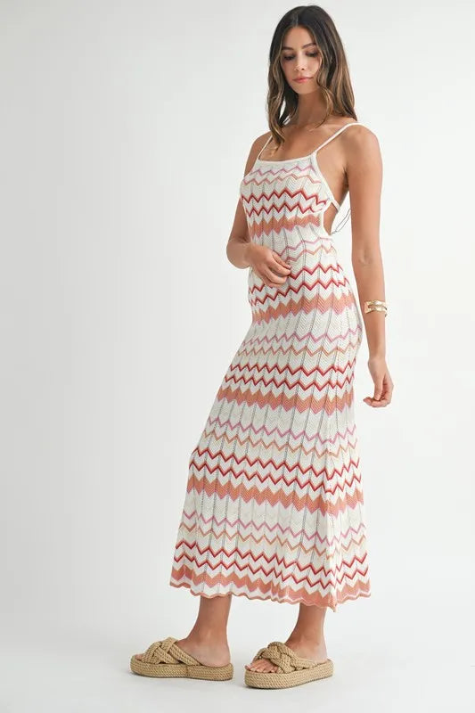 MABLE Lightweight Pointelle Chevron Knit Maxi Dress-MABLE-Salmon-S-Urbanheer