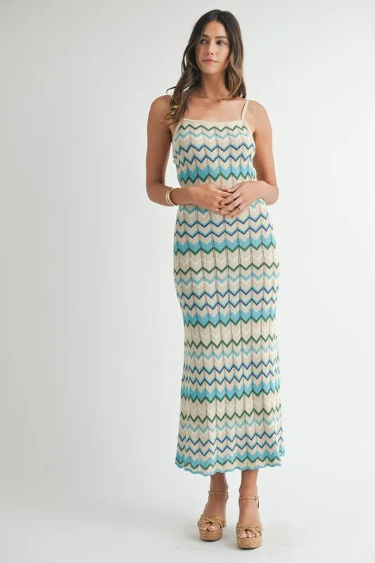 MABLE Lightweight Pointelle Chevron Knit Maxi Dress-MABLE-Aqua-S-Urbanheer