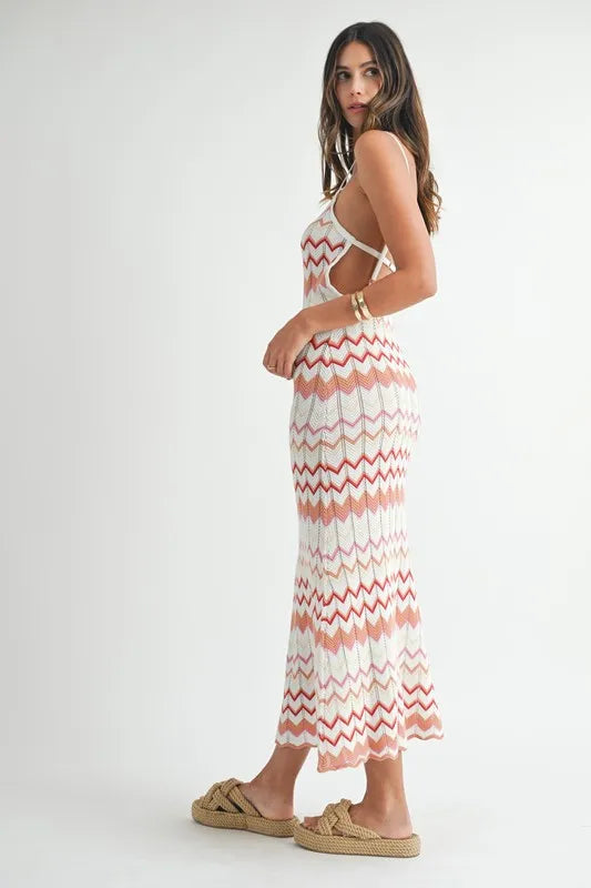 MABLE Lightweight Pointelle Chevron Knit Maxi Dress-MABLE-Salmon-S-Urbanheer