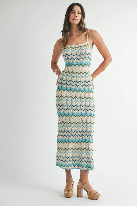 MABLE Lightweight Pointelle Chevron Knit Maxi Dress-MABLE-Aqua-S-Urbanheer