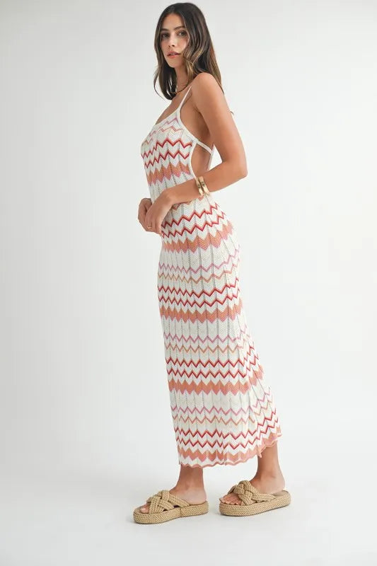 MABLE Lightweight Pointelle Chevron Knit Maxi Dress-MABLE-Salmon-S-Urbanheer