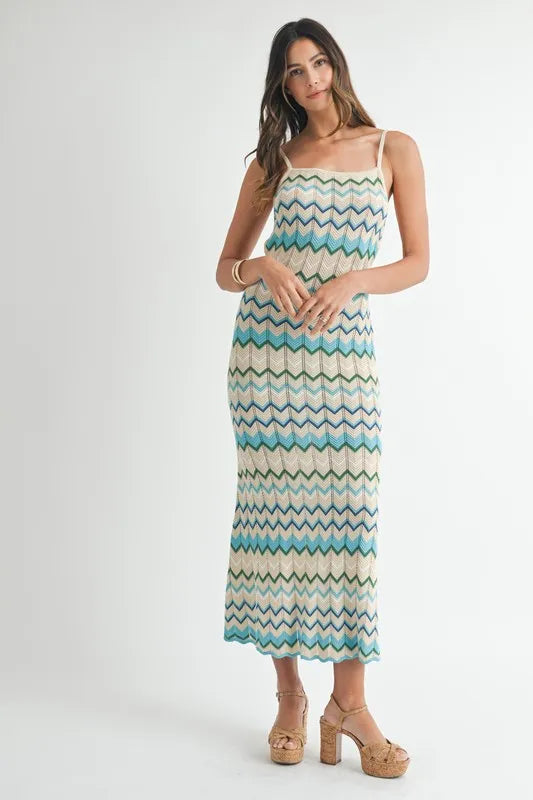 MABLE Lightweight Pointelle Chevron Knit Maxi Dress-MABLE-Aqua-S-Urbanheer