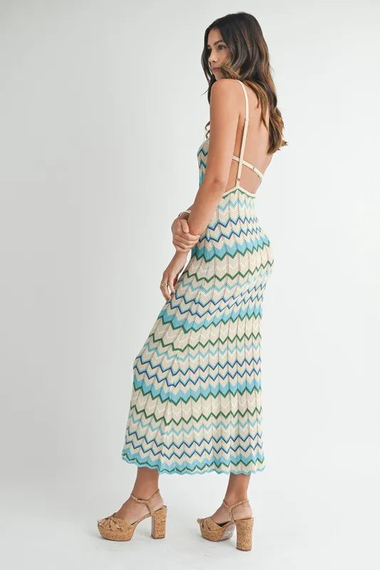 MABLE Lightweight Pointelle Chevron Knit Maxi Dress-MABLE-Aqua-S-Urbanheer