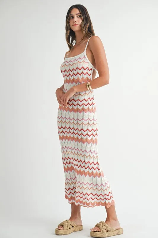 MABLE Lightweight Pointelle Chevron Knit Maxi Dress-MABLE-Salmon-S-Urbanheer