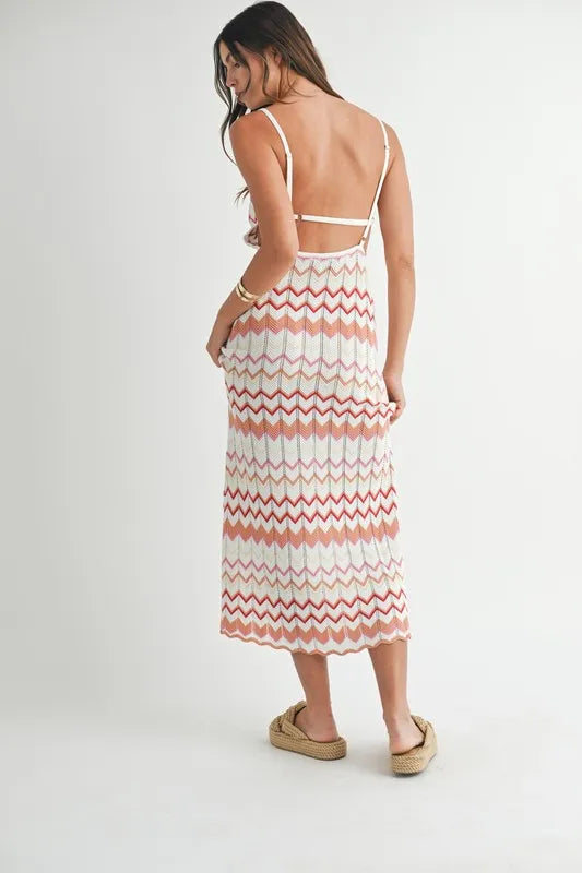 MABLE Lightweight Pointelle Chevron Knit Maxi Dress-MABLE-Salmon-S-Urbanheer