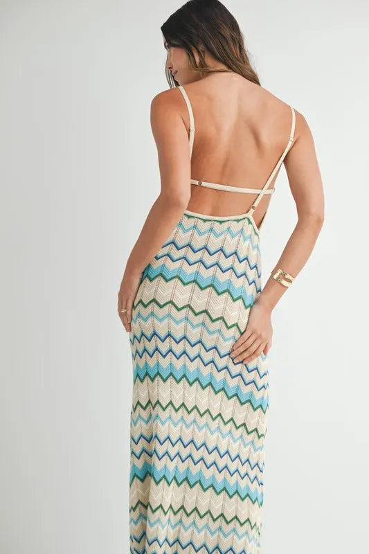 MABLE Lightweight Pointelle Chevron Knit Maxi Dress-MABLE-Aqua-S-Urbanheer