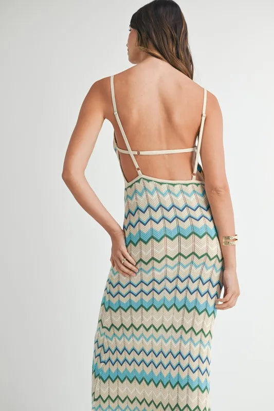 MABLE Lightweight Pointelle Chevron Knit Maxi Dress-MABLE-Aqua-S-Urbanheer