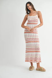 MABLE Lightweight Pointelle Chevron Knit Maxi Dress-MABLE-Salmon-S-Urbanheer