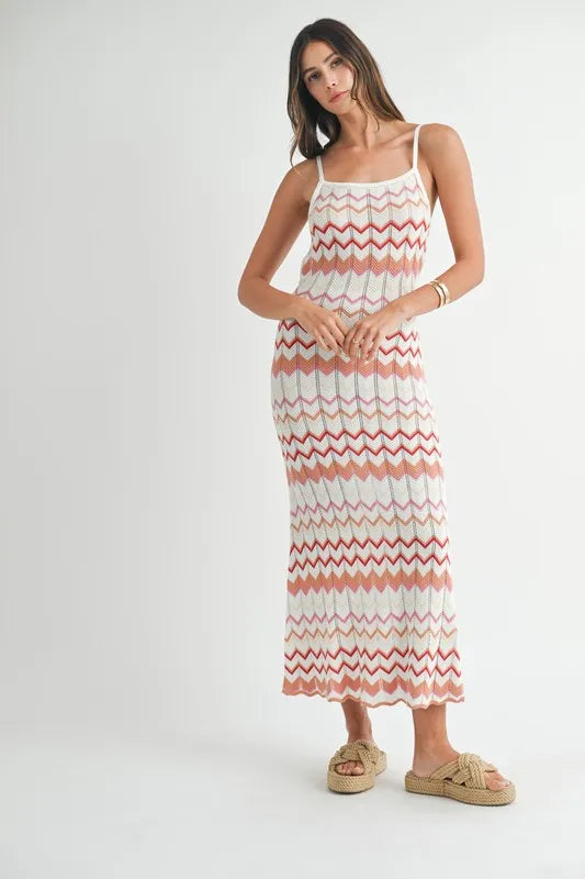 MABLE Lightweight Pointelle Chevron Knit Maxi Dress-MABLE-Salmon-S-Urbanheer