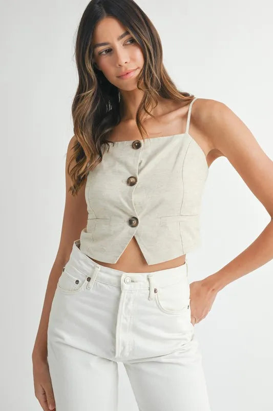 MABLE Linen Mix Button Down Tank Top-MABLE-Oatmeal-S-Urbanheer