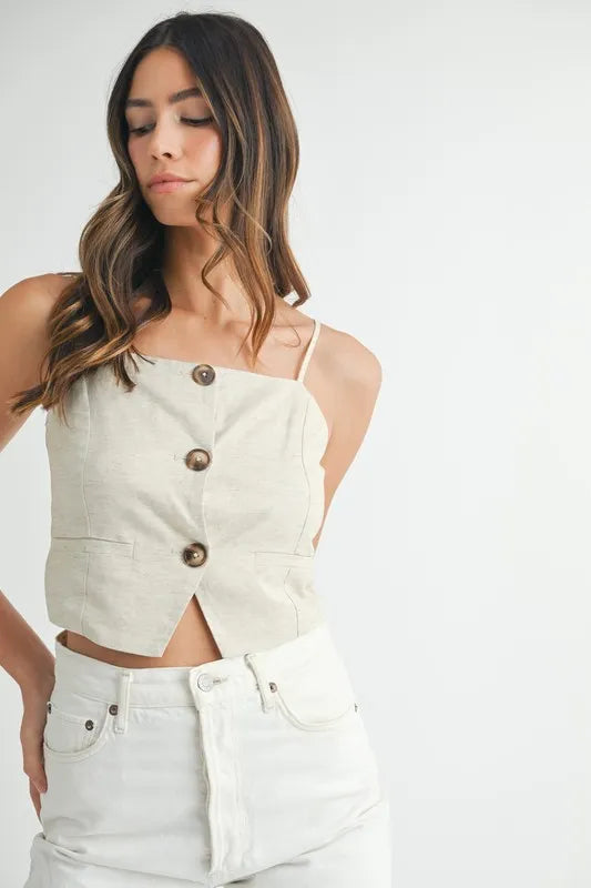 MABLE Linen Mix Button Down Tank Top-MABLE-Oatmeal-S-Urbanheer