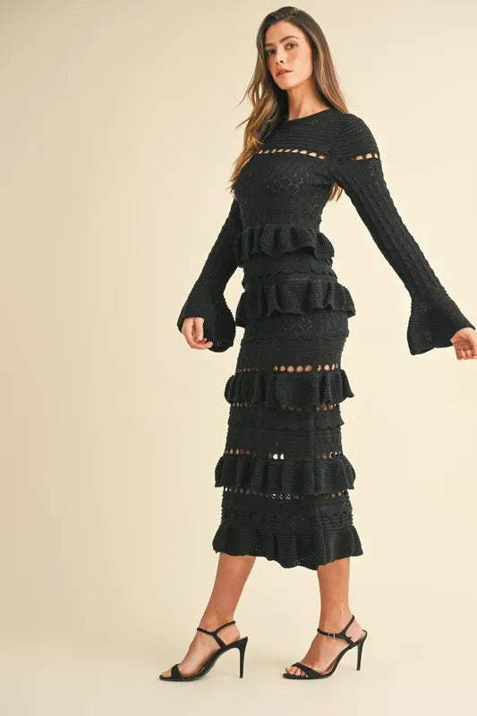 black long sleeve tiered midi dress MABLE Long Sleeve Tiered Ruffle Knit Midi Dress from MABLE exclusive –  Urbanheer