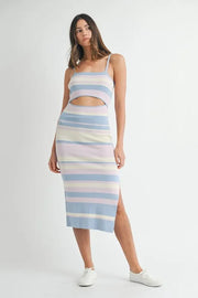 MABLE Multi Color Striped Front Cutout Knit Midi Dress-MABLE-Lt Blue Multi-S-Urbanheer