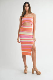 MABLE Multi Color Striped Front Cutout Knit Midi Dress-MABLE-PINK MULTICOLOR-M-Urbanheer