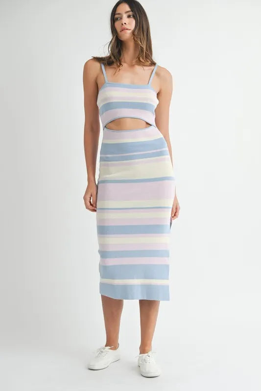 MABLE Multi Color Striped Front Cutout Knit Midi Dress-MABLE-Lt Blue Multi-S-Urbanheer