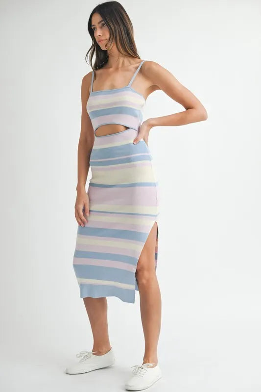 MABLE Multi Color Striped Front Cutout Knit Midi Dress-MABLE-Lt Blue Multi-S-Urbanheer