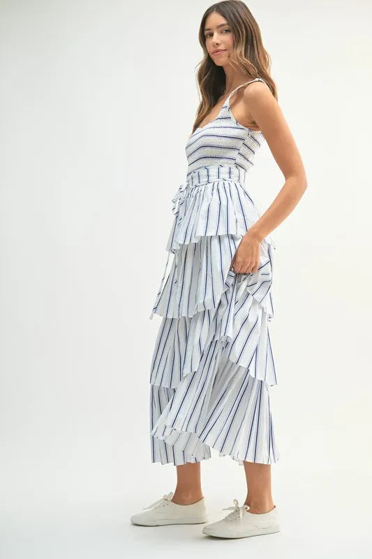 MABLE Pin Stripe Smocked Bodice Layered Midi Dress-MABLE-Off White-S-Urbanheer