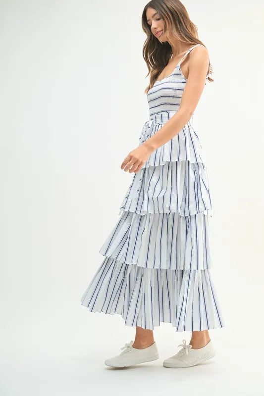 MABLE Pin Stripe Smocked Bodice Layered Midi Dress-MABLE-Off White-S-Urbanheer