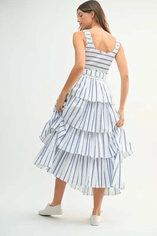 MABLE Pin Stripe Smocked Bodice Layered Midi Dress-MABLE-Off White-S-Urbanheer