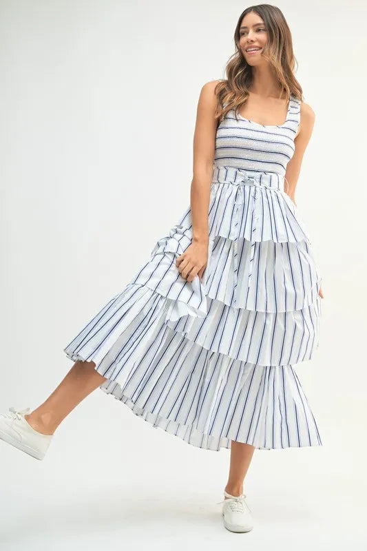 MABLE Pin Stripe Smocked Bodice Layered Midi Dress-MABLE-Off White-S-Urbanheer