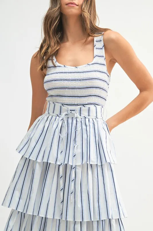 MABLE Pin Stripe Smocked Bodice Layered Midi Dress-MABLE-Off White-S-Urbanheer