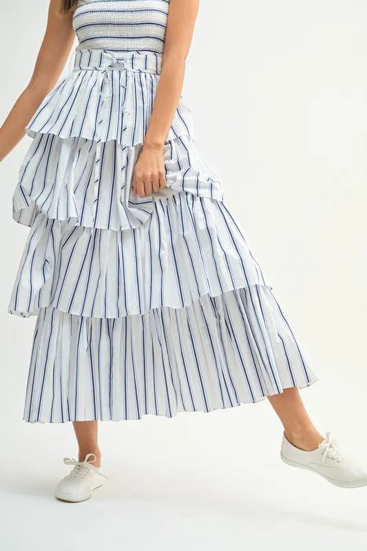 MABLE Pin Stripe Smocked Bodice Layered Midi Dress-MABLE-Off White-S-Urbanheer