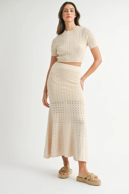 MABLE Pointelle Short Sleeve Crop Top and Slit Skirt Sweater Set-MABLE-Cream-L-Urbanheer