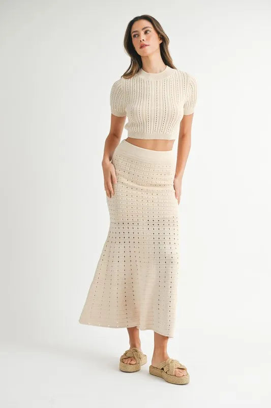 MABLE Pointelle Short Sleeve Crop Top and Slit Skirt Sweater Set-MABLE-Cream-L-Urbanheer
